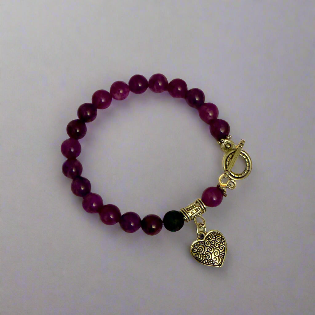Essential Oil Bracelet Amethyst Beads , One Lava Bead, With Silver Plated Heart Charm and Clasp