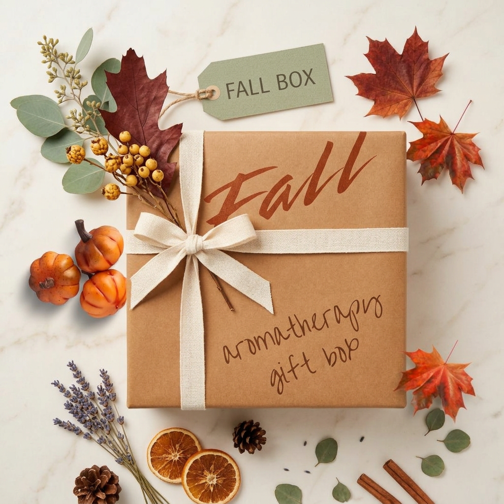 fall gift box of aromatherapy oils with scented bath and body products.