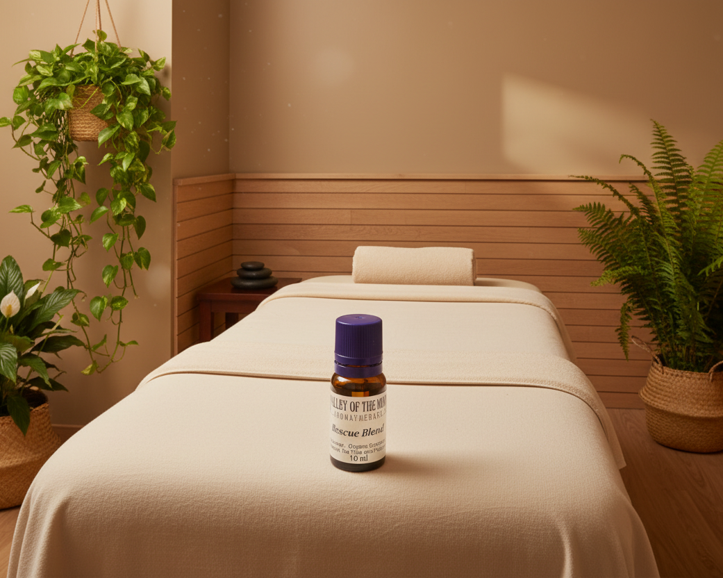 Massage table with a bottle of essential oil in a spa setting
