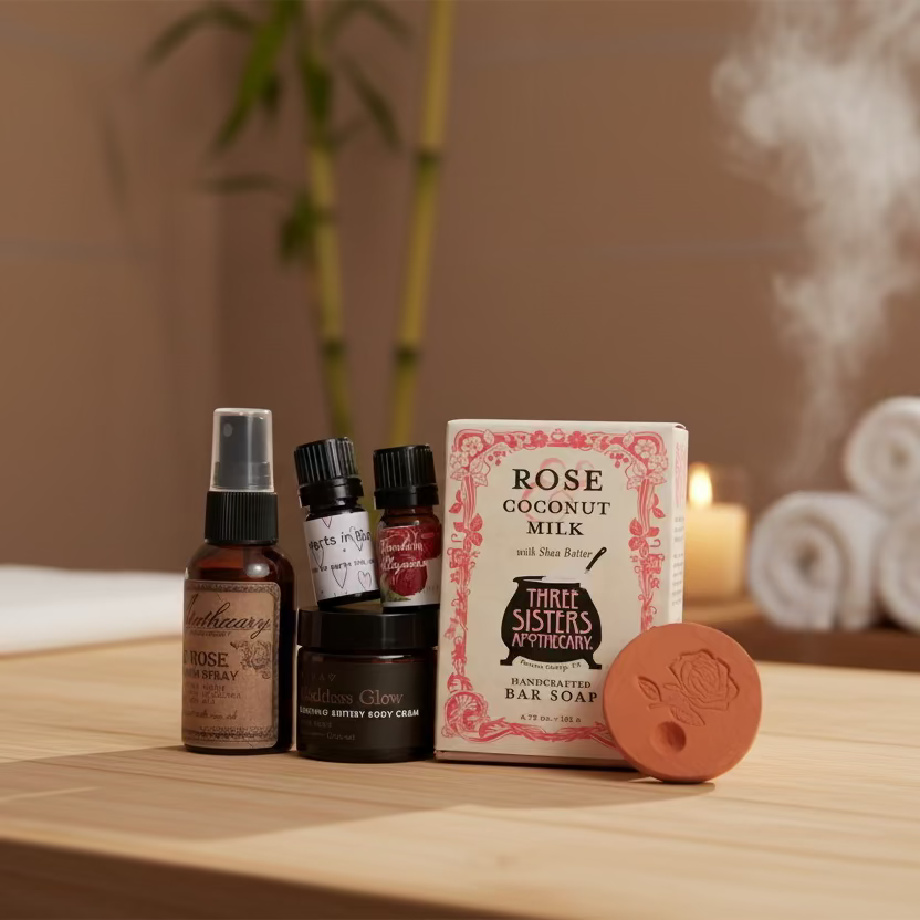 Set of essential oil bottles , spray mist, body cream, and a soap bar on a wooden surface with candles and towels in the background.