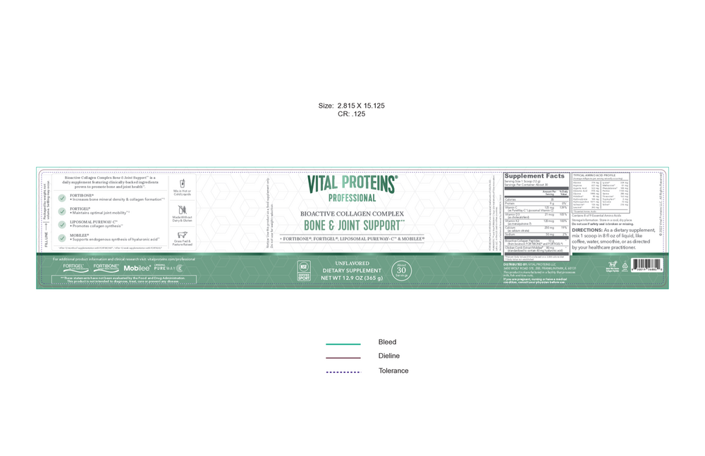 BioActive Collagen Complex Vital Proteins Bone & Joint Support  Label with ingredients available at aroma thyme aromatherapy