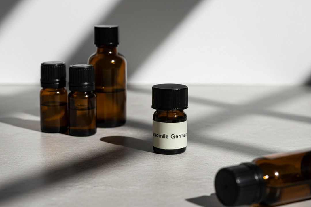 Collection of small brown glass bottles, including German chamomile essential oil ,with black caps on a light surface. 