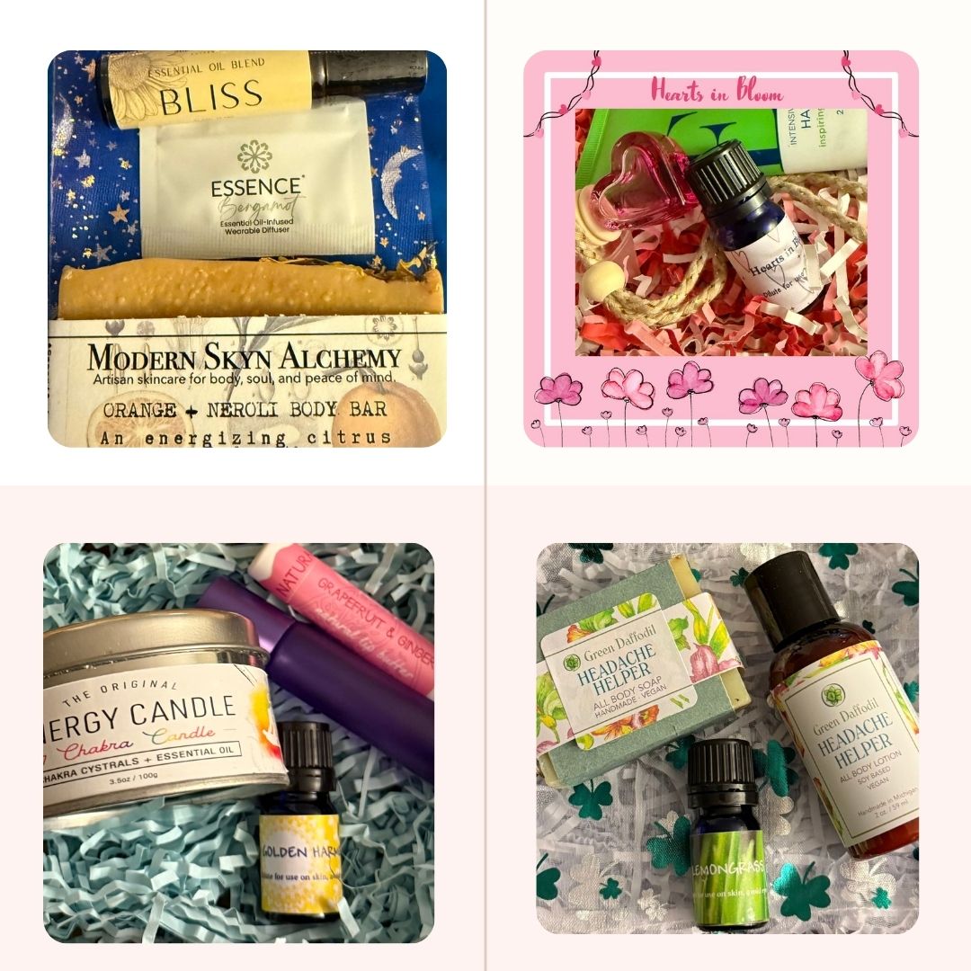 Four product images including body bars, candles, lotions and essential oils on patterned backgrounds.