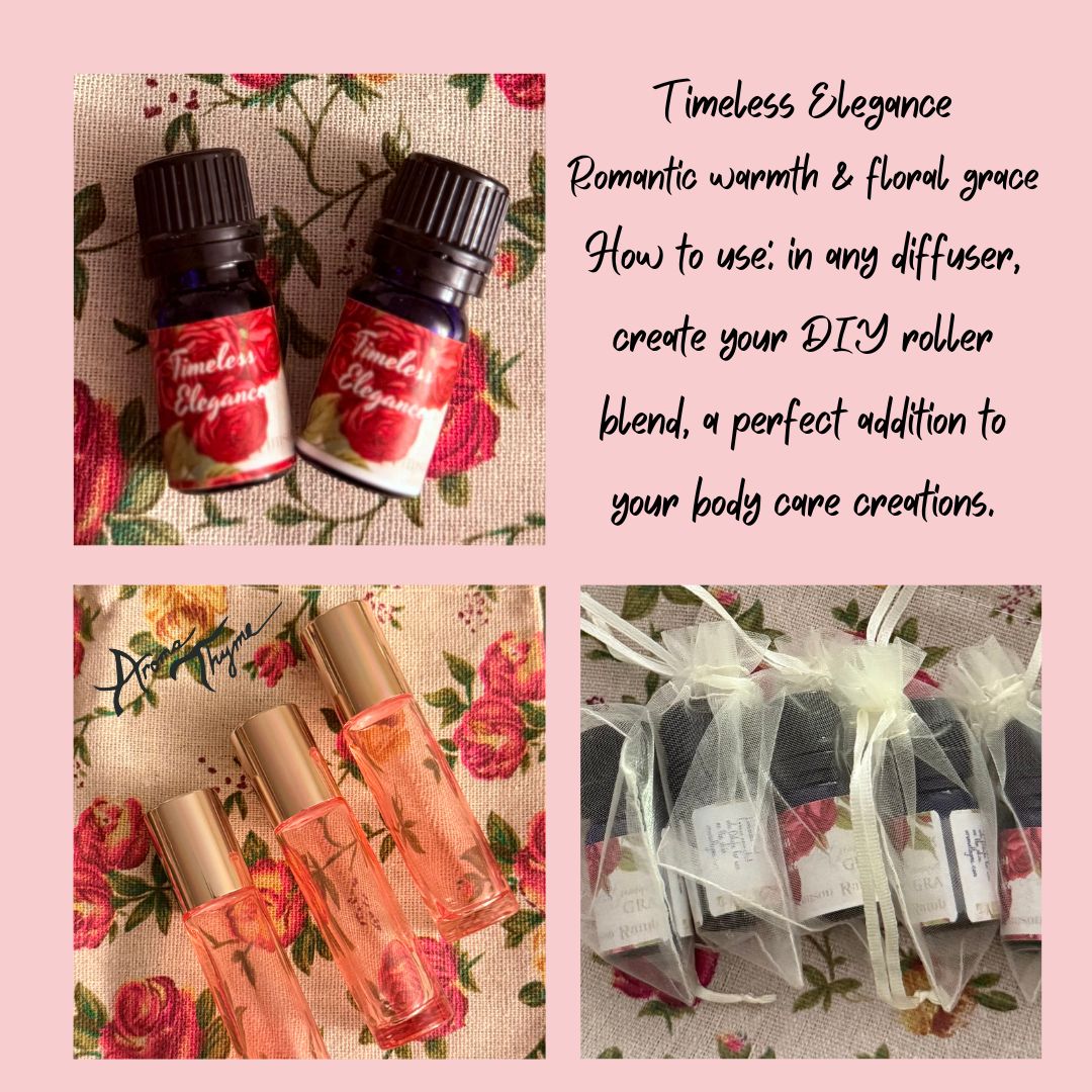 Two essential oil bottles and two rollerball containers with floral design background